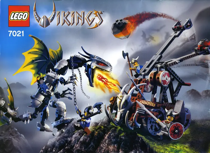 LEGO Vikings 7021 Viking Double Catapult vs. the Armored Ofnir Dragon set
