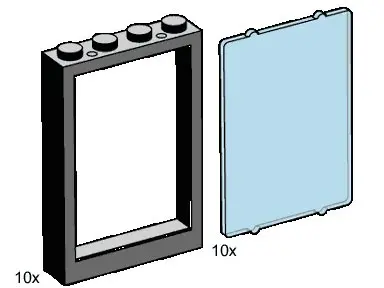 LEGO Bulk Bricks B001 1x4x5 Black Window Frames, Transparent Blue Panes set