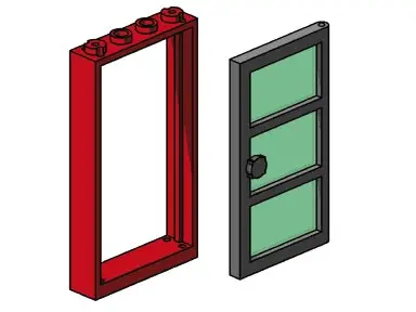 LEGO Bulk Bricks B003 1x4x6 Red Door and Frames, Transparent Green Panes set